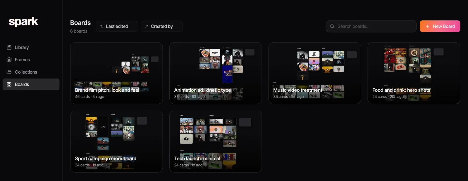 Boards in Spark, six project boards with previews