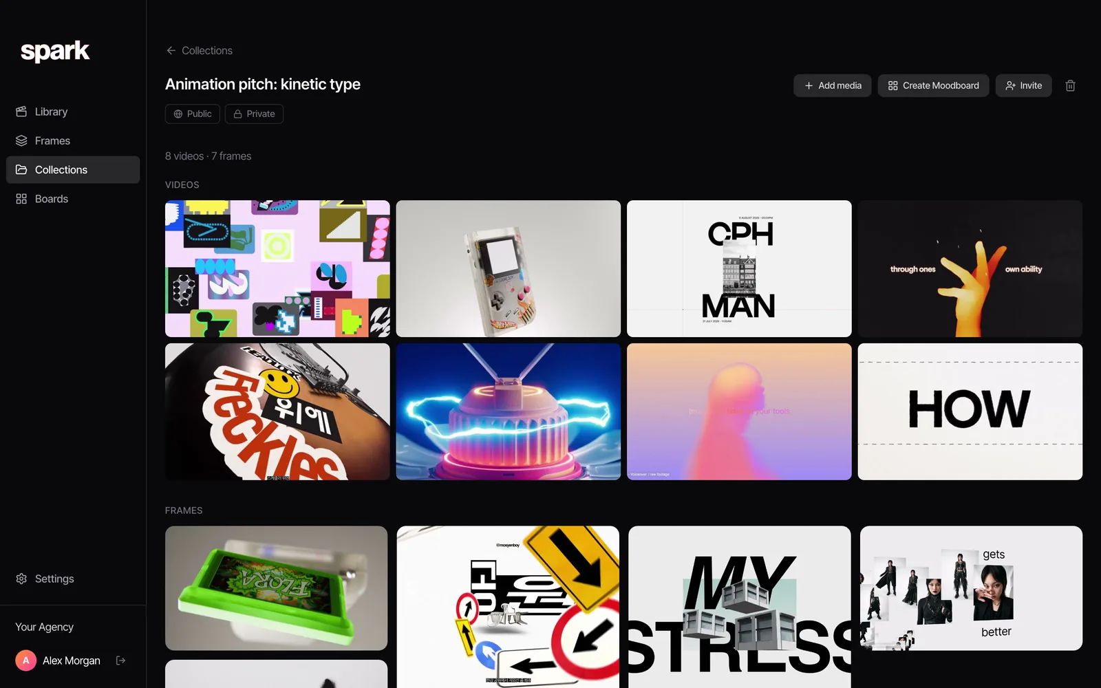 A Spark collection for an animation pitch with kinetic type and 3D references