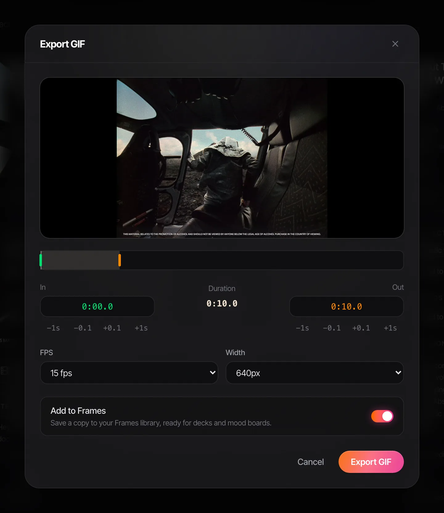 Spark's Export GIF window with in and out points, frame rate and width