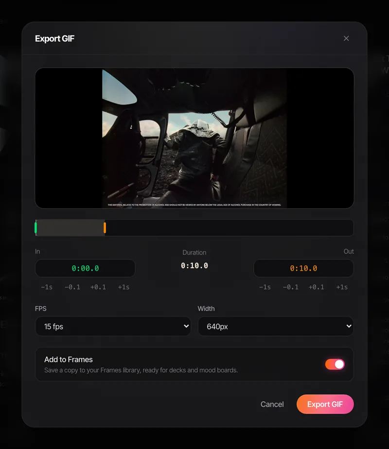 Spark's Export GIF window: trim in and out points, nudge them by a second or a tenth, pick a frame rate and width, save to Frames