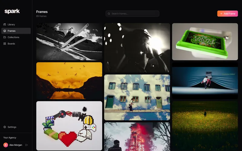 Frames in Spark: a full wall of stills and GIFs saved from references, ready for decks