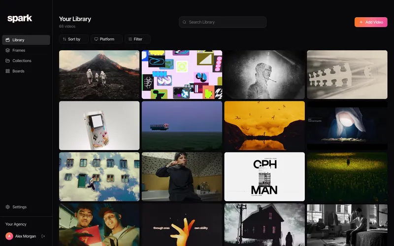 The Spark library, full: 68 saved references in a grid, from an Absolut volcano shoot to Figma's animation and a floating metro carriage, with sort, platform and filter controls