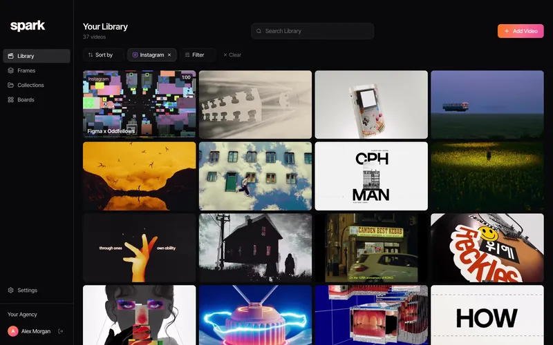 A Spark library filtered to Instagram, 37 saved reels from kinetic type and 3D animation to music video experiments