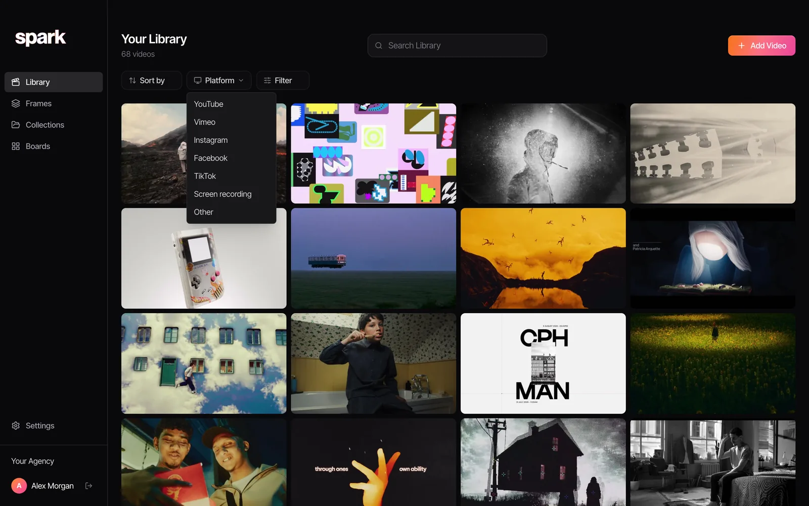 Spark's Platform filter open over a full library