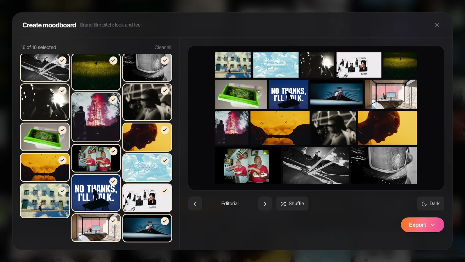 Spark's Create Moodboard window with 16 frames in the Editorial layout