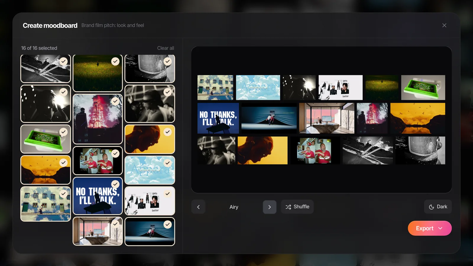 Spark's Create Moodboard window in the Airy layout, frames spaced out with room to breathe
