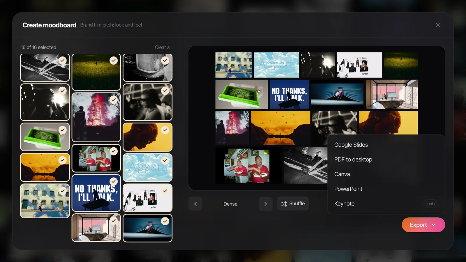 Create Moodboard's Export menu, listing Google Slides, PDF to desktop, Canva, PowerPoint and Keynote