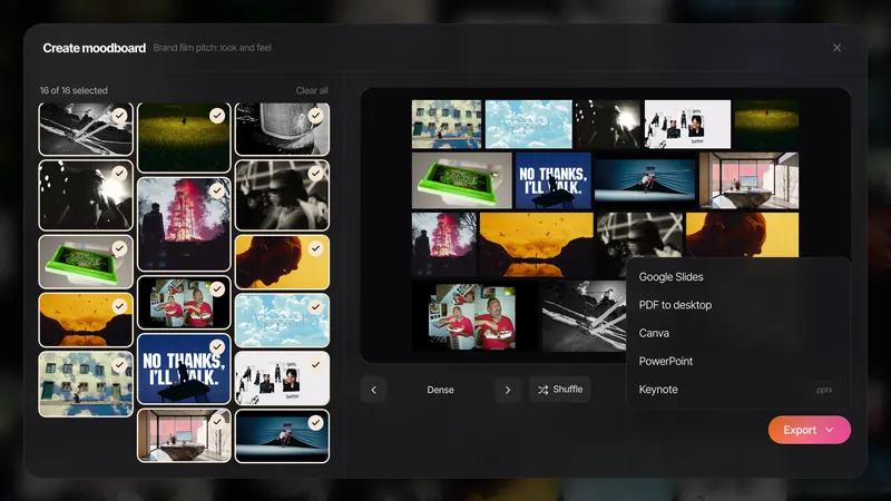Create Moodboard's export menu: Google Slides, PDF to desktop, Canva, PowerPoint and Keynote