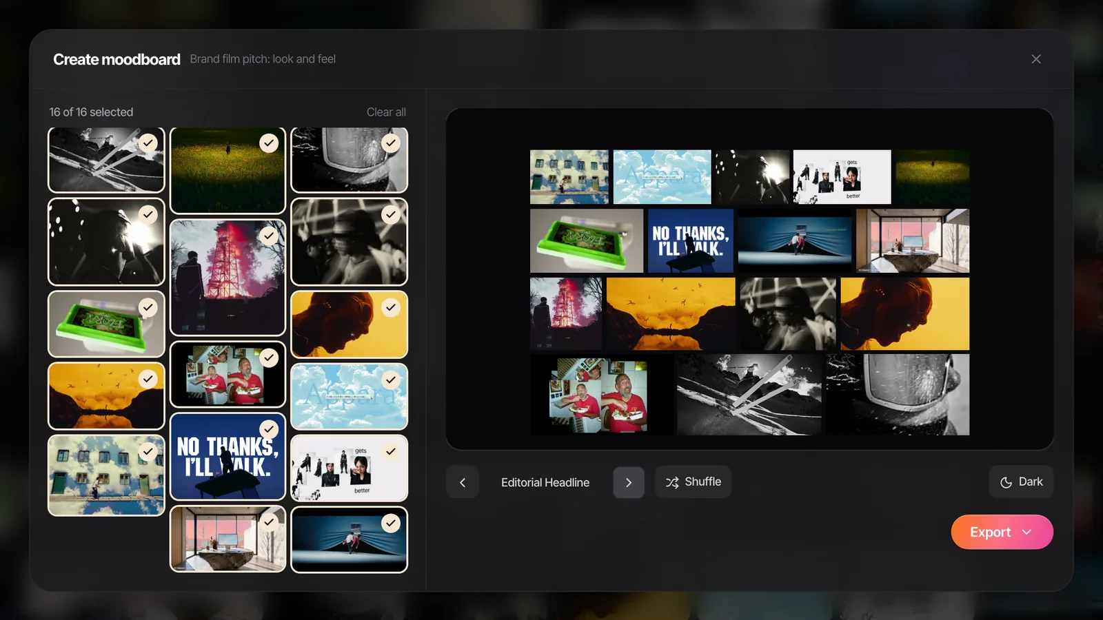Create Moodboard's Editorial Headline layout: the same frames with one hero image leading the slide