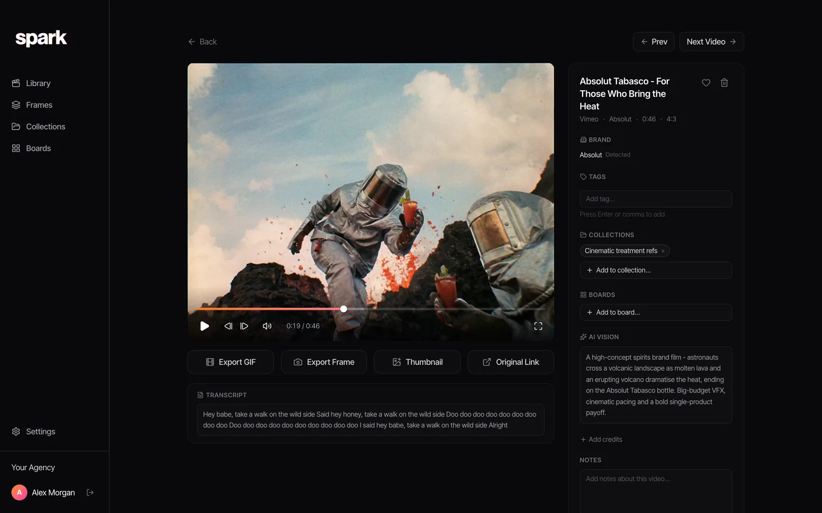 Absolut Tabasco's volcano film saved in Spark, with its AI description and transcript