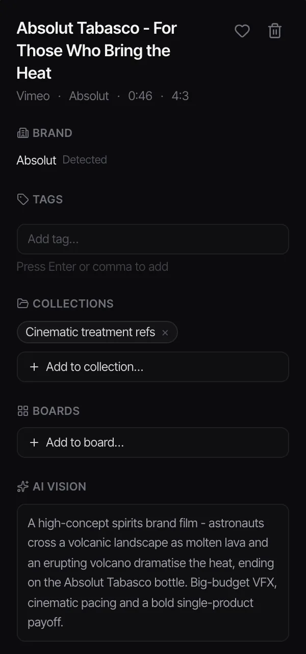 Spark's detail panel with an empty tag field, the detected brand and the AI description